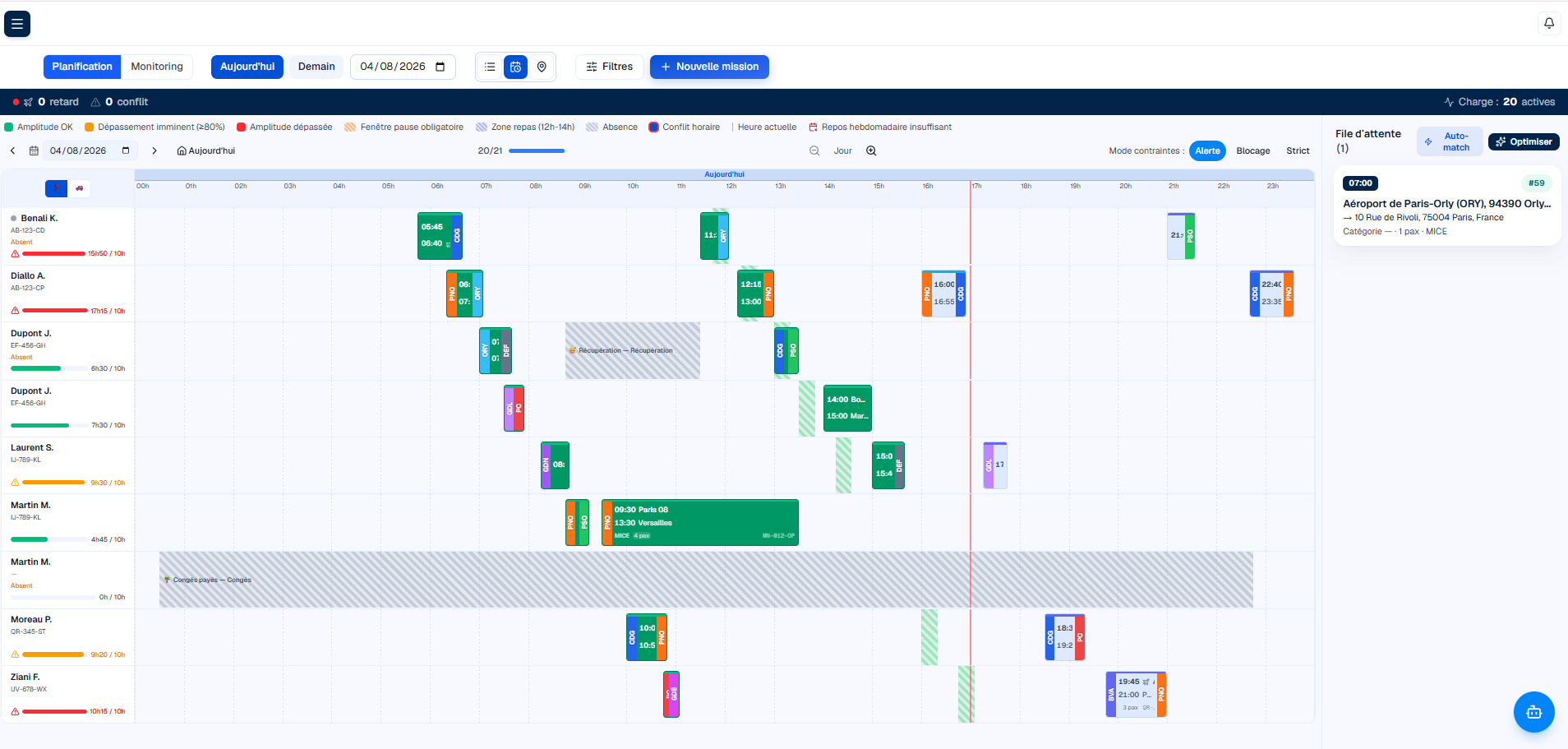 Planning Gantt plein écran : une ligne par chauffeur, les missions posées à l’heure, la file d’attente des missions à affecter